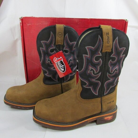 Justin Men's 11" Resistor Comp Toe Boots Caramel Brown Cowhide CR4012 - Picture 1 of 5